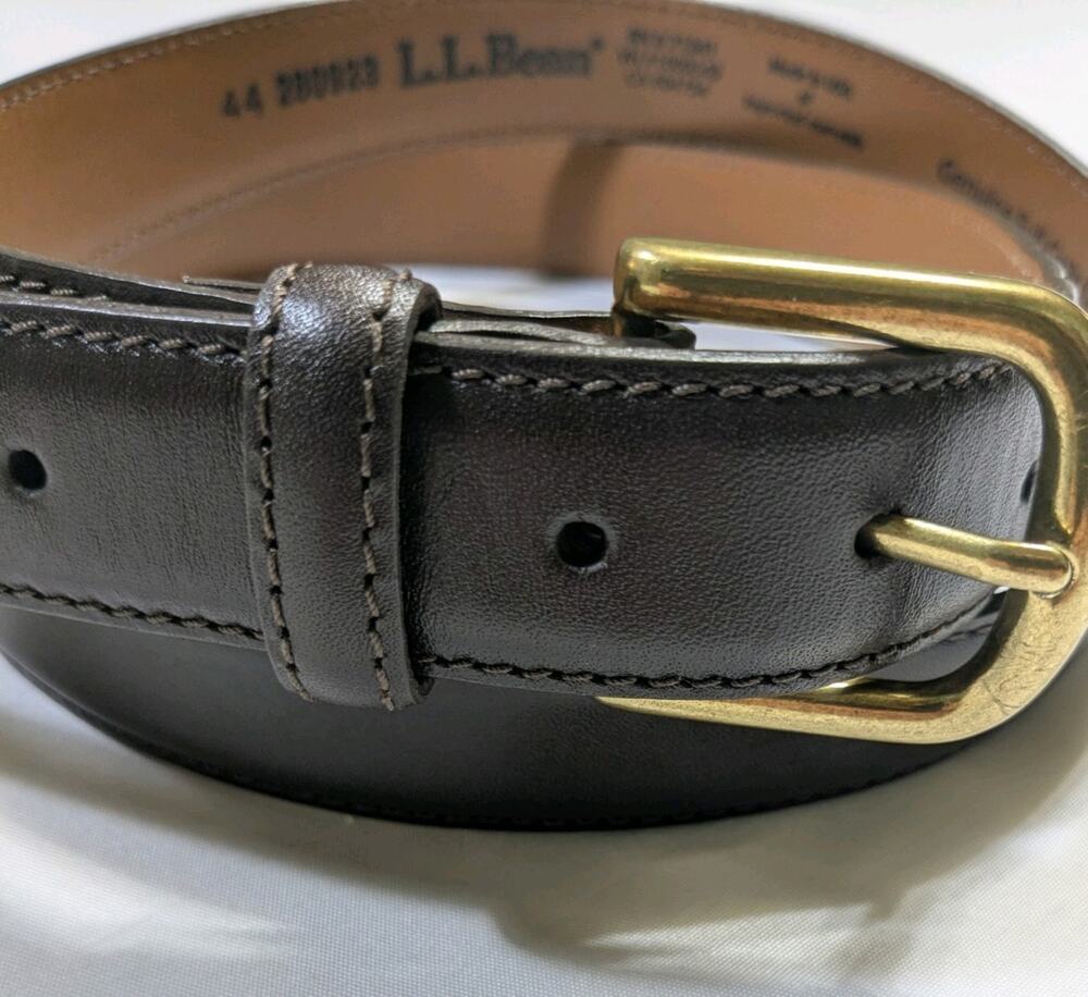 ll bean belt 44 71341 Dark Brown Made In Usa Full Grn Leather Brass Tone Buckle